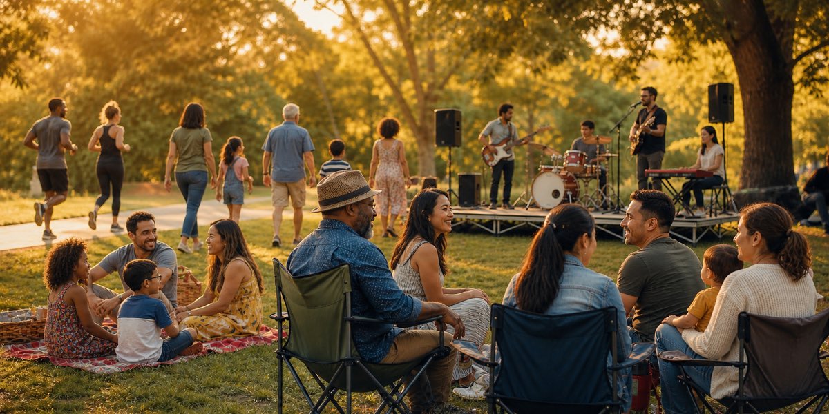An outdoor evening concert in a Laurel park, families in lawn chairs and runners on the path behind them